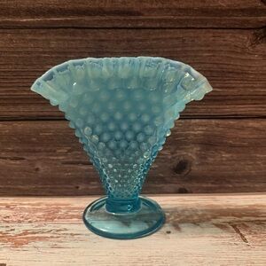 Vintage Fenton Aqua Blue Opalescent Hobnail Fan Vase